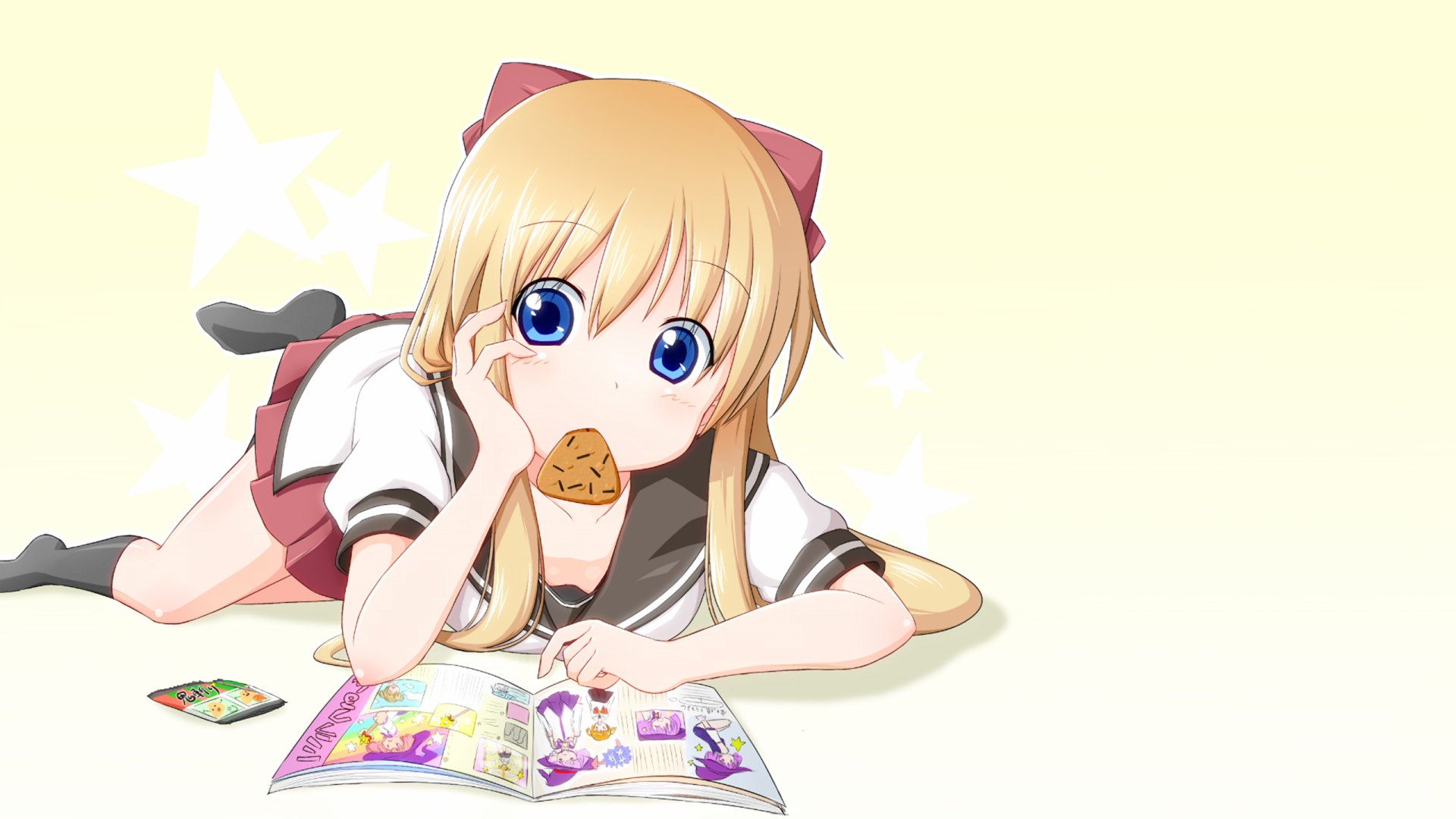 HD PC desktop wallpaper featuring Kyōko Toshinō from the anime YuruYuri, showing her lying down with a snack and a colorful magazine.