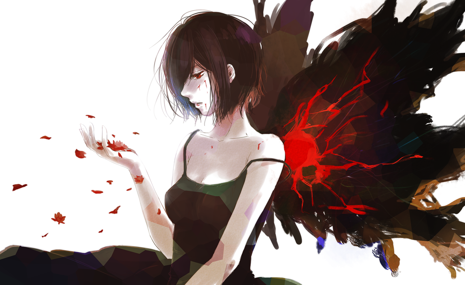 A striking HD wallpaper featuring Touka Kirishima from Tokyo Ghoul, showcasing her short black hair, red eyes, and dark wings, surrounded by falling leaves.
