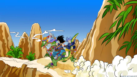 A vibrant HD wallpaper featuring Bulma and Goku from Dragon Ball Z, riding a colorful dragon through a mountainous landscape under a bright blue sky.