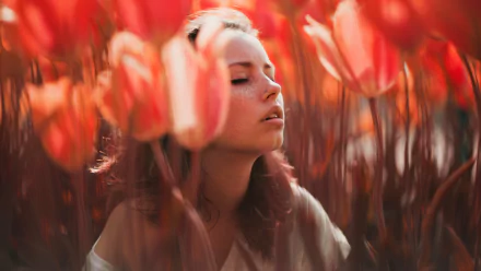 A brunette woman with freckles among red flowers, eyes closed, immersed in a serene mood. HD PC desktop wallpaper and background.