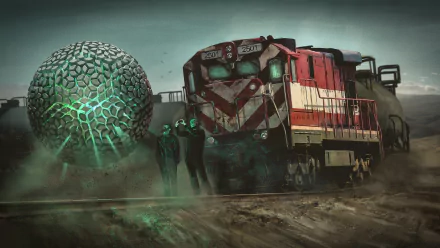 5K Ultra HD PC desktop wallpaper and background: sci‑fi scene of a red freight train vehicle and hooded figures beside a glowing geometric sphere on a dusty alien plain.