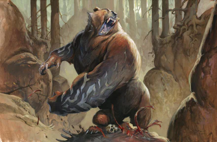 A powerful bear creature with man-made armor roars fiercely in a dense forest, depicted in high-definition Magic: The Gathering artwork for a PC desktop wallpaper.