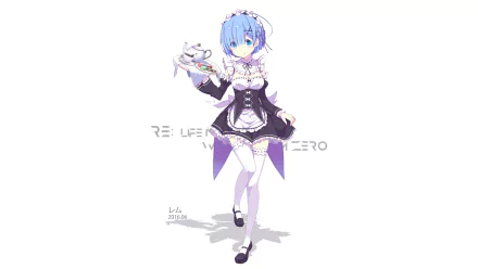 A vibrant HD wallpaper featuring Rem from the anime Re:Zero - Starting Life in Another World, depicted in her iconic maid outfit, holding a tray with a cute expression.