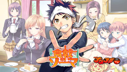 A vibrant HD wallpaper featuring characters Yūki Yoshino, Ryōko Sakaki, Megumi Tadokoro, Hisako Arato, Erina Nakiri, and Sōma Yukihira from the anime Food Wars: Shokugeki no Soma.