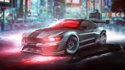 HD desktop wallpaper showcasing a sleek Ford Mustang Shelby in a neon-lit urban setting, emphasizing speed and power with dynamic lighting and reflections.