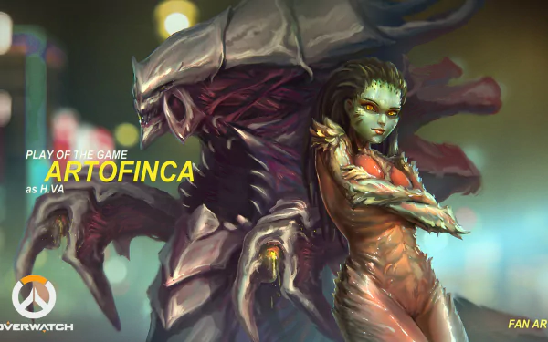 HD PC desktop wallpaper featuring a crossover of Sarah Kerrigan from Starcraft II and D.Va from Overwatch in a dynamic video game-inspired scene.