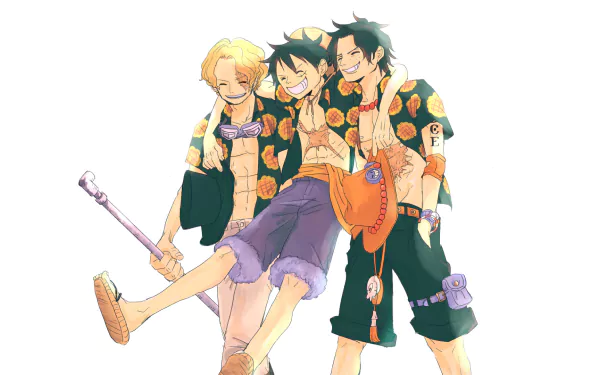 HD desktop wallpaper featuring Sabo, Portgas D. Ace, and Monkey D. Luffy from the anime One Piece, sharing a joyful moment together in vibrant, summery attire.