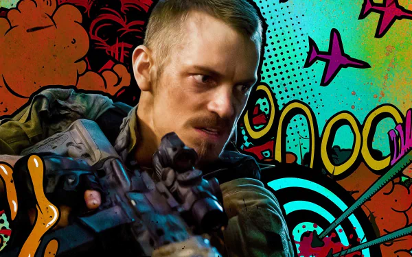 Rick Flag from the movie Suicide Squad is featured in this vibrant, HD desktop wallpaper, showcasing a dynamic background filled with colorful pop art elements.