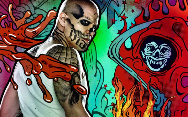 HD desktop wallpaper featuring El Diablo from the movie Suicide Squad, showcasing a vibrant and artistic background with colorful elements and intense imagery.