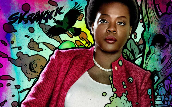 HD desktop wallpaper featuring Amanda Waller from the movie Suicide Squad, set against a vibrant, comic-inspired background filled with dynamic colors and graphics.