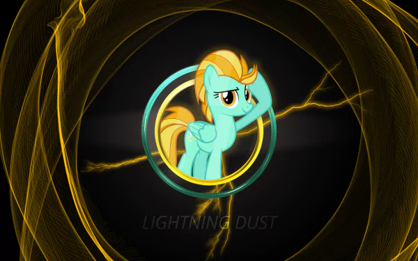 Lightning Dust from the TV show My Little Pony: Friendship Is Magic centered in a glowing circular emblem with electric yellow streaks — 2K Quad HD PC desktop wallpaper