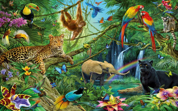 A vibrant jungle scene features an elephant, monkey, lemur, parrot, black panther, leopard, and toucan amidst lush foliage, cascading waterfalls, and colorful flowers, creating an artistic backdrop.
