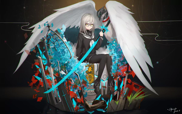 Anime-style character with white hair, yellow eyes, glasses, and bird wings, wearing a school uniform and thigh highs, holding a glowing katana in an HD desktop wallpaper.