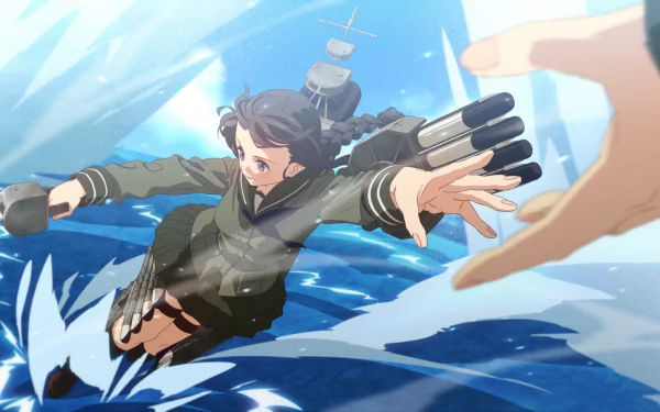 HD PC desktop wallpaper of Kitakami from Kantai Collection (Kancolle): anime-style scene of her diving over a churning ocean, reaching toward an outstretched hand.