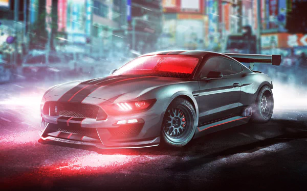HD desktop wallpaper showcasing a sleek Ford Mustang Shelby in a neon-lit urban setting, emphasizing speed and power with dynamic lighting and reflections.