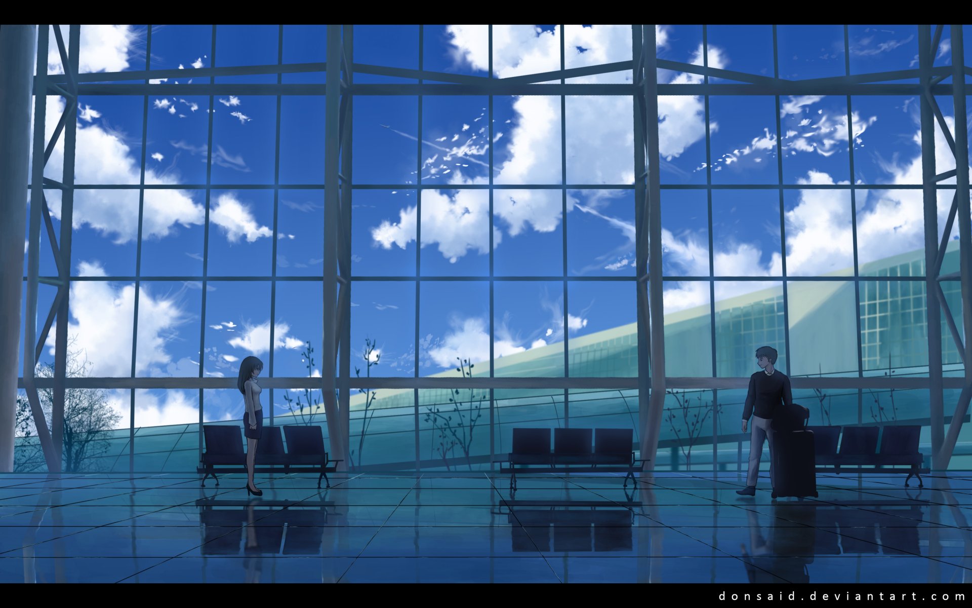Two figures stand in a spacious, modern setting with large glass windows showcasing a vibrant blue sky and fluffy clouds. A stunning HD anime original wallpaper.