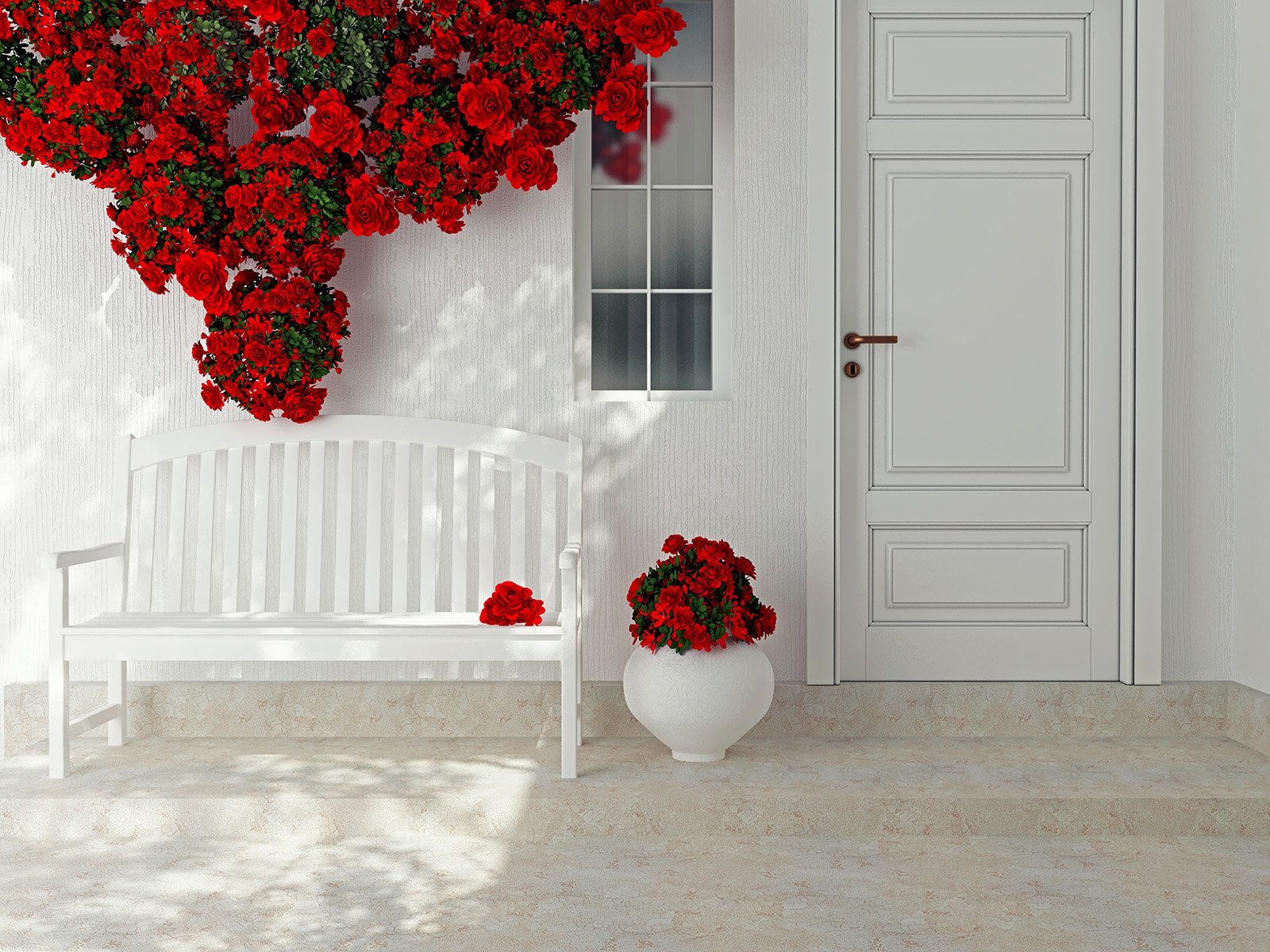 Download Red Flower Vase White Bench Flower Man Made Door Wallpaper
