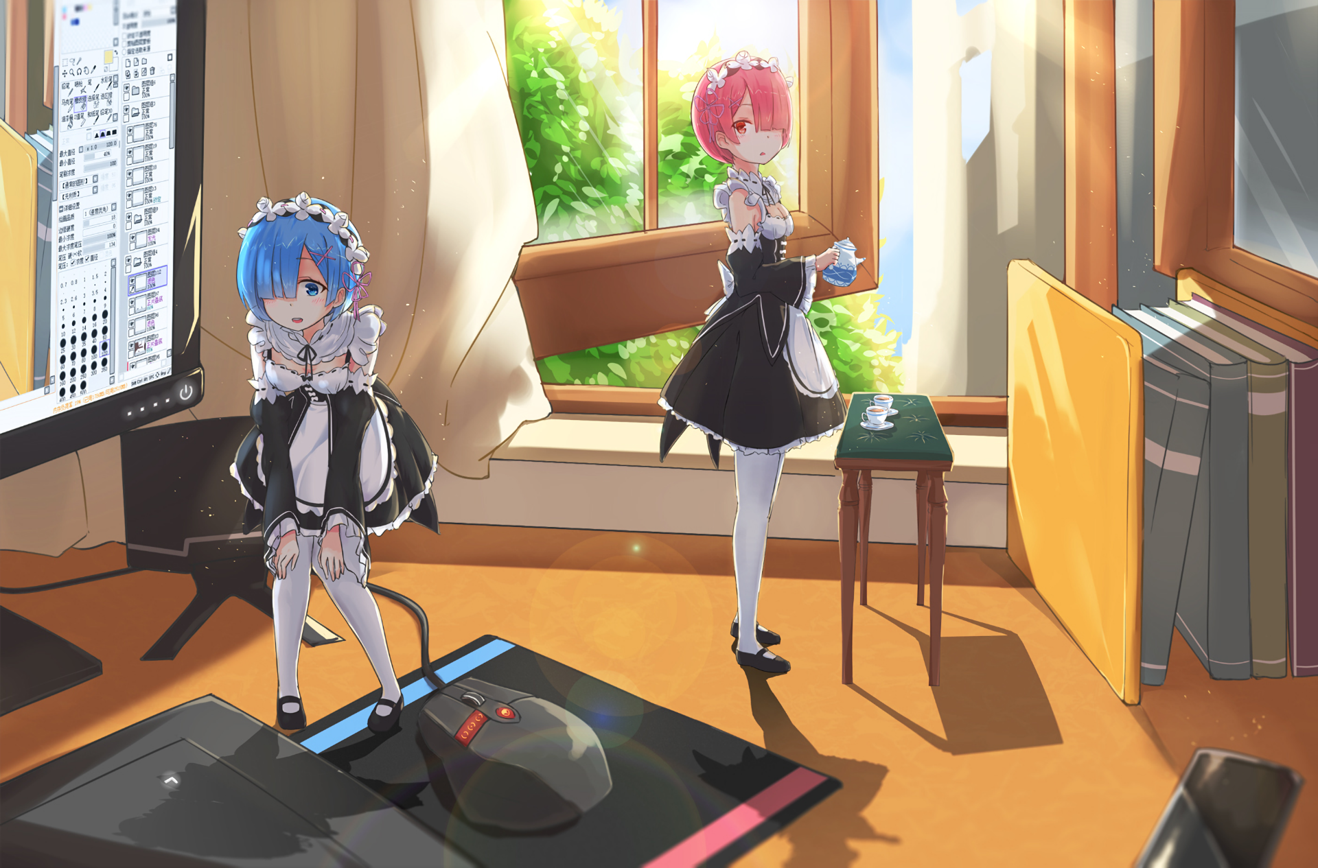 A vibrant HD desktop wallpaper featuring Ram and Rem from Re:ZERO - Starting Life in Another World, set in a sunlit room with a computer and calming nature views.
