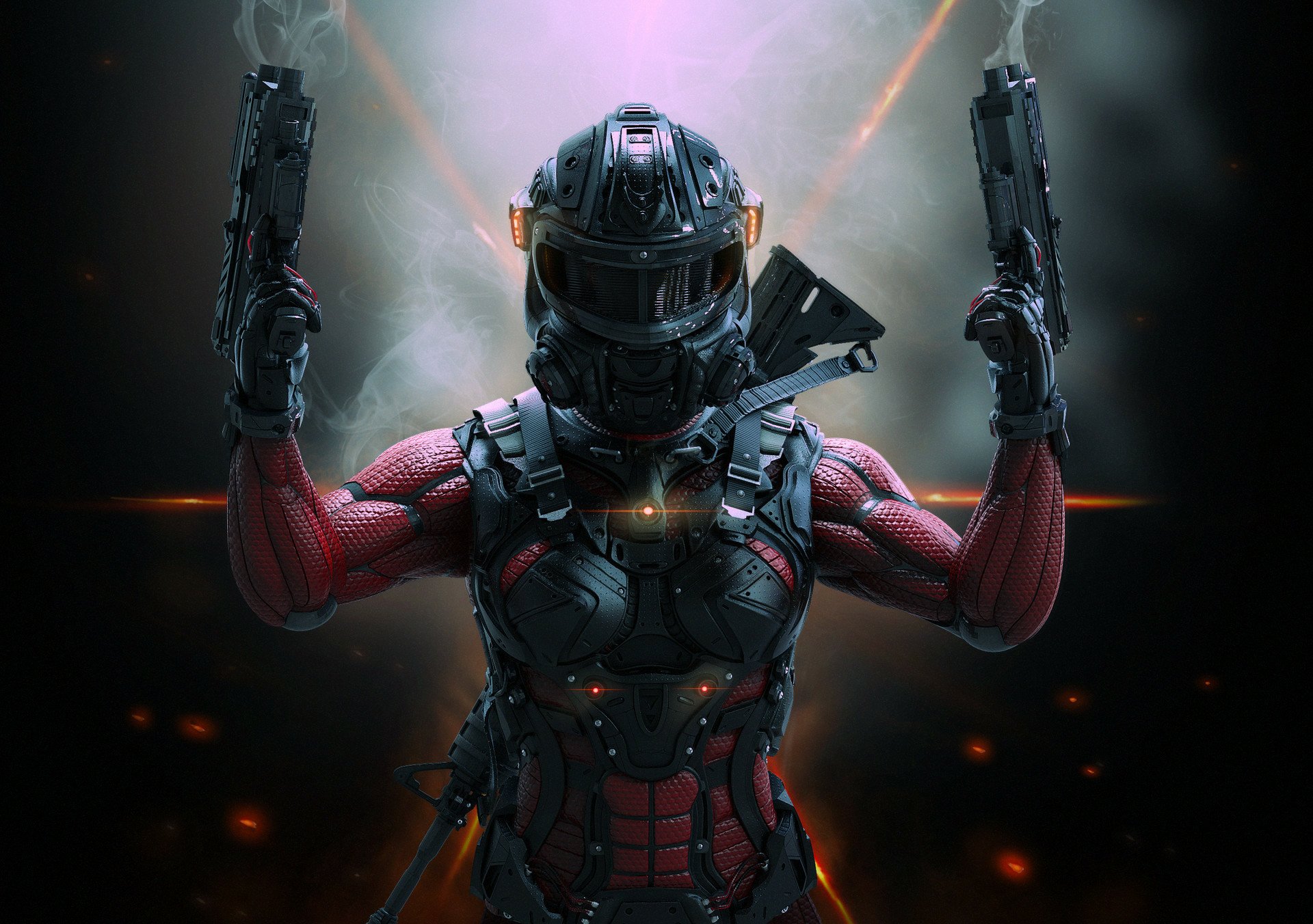 A fierce woman warrior in a sci-fi setting, wearing a helmet and wielding two guns, stands confidently against a dramatic backdrop, showcasing strength and intensity. HD desktop wallpaper.