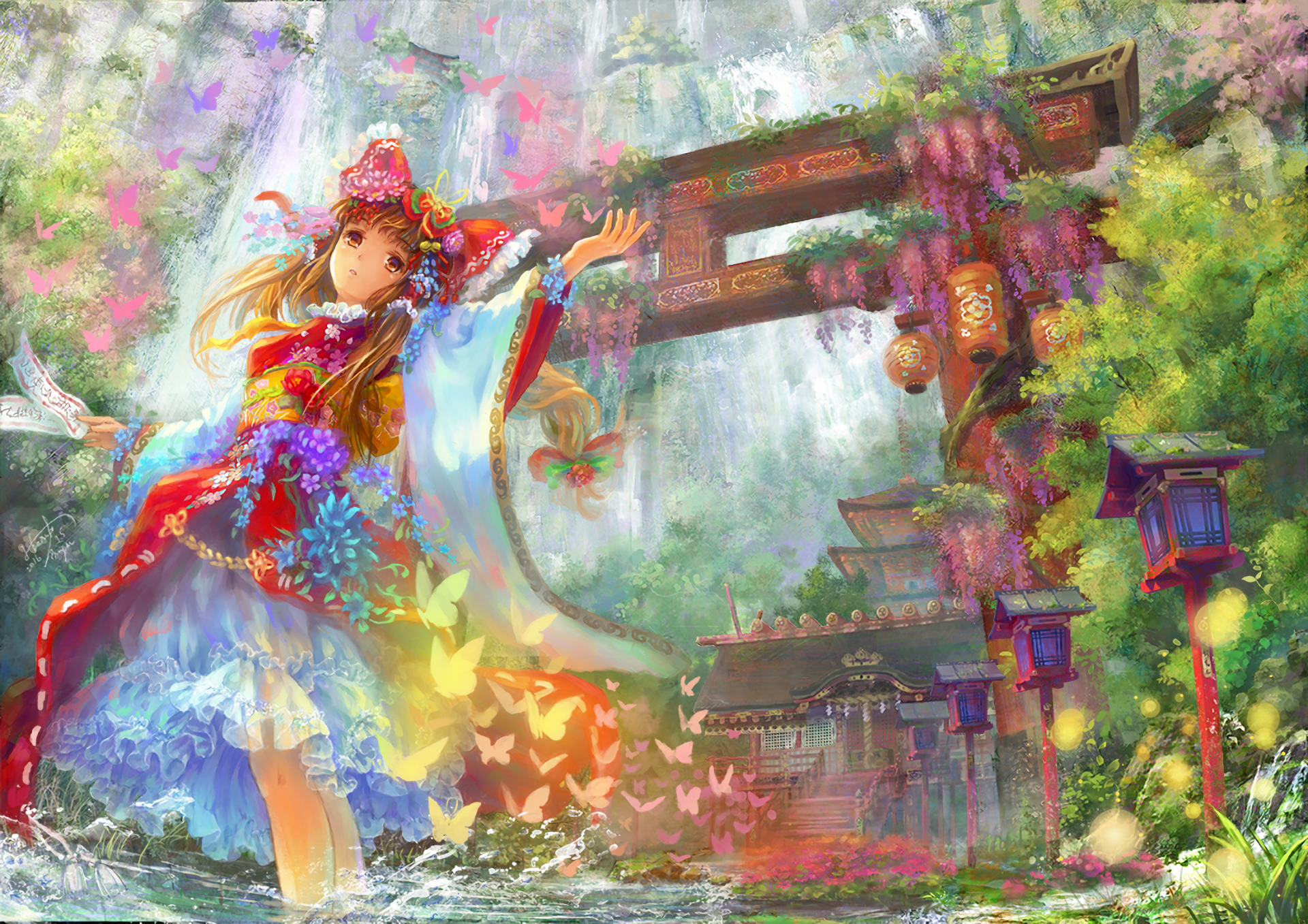 A vibrant HD desktop wallpaper featuring Reimu Hakurei from the anime Touhou, surrounded by a colorful landscape with butterflies, lanterns, and a traditional torii gate.