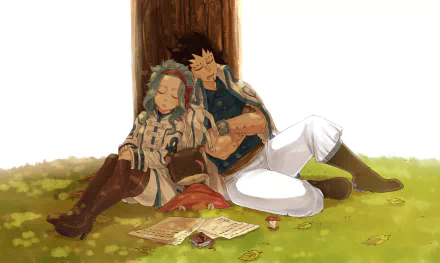 A serene HD wallpaper featuring Panther Lily, Gajeel Redfox, and Levy McGarden from Fairy Tail, showcasing a peaceful moment under a tree with pages and treats scattered around.