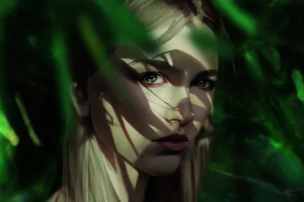 Artistic portrait of a blonde woman with green eyes, partially shadowed by leaves, rendered in 4K Ultra HD for a striking PC desktop wallpaper.
