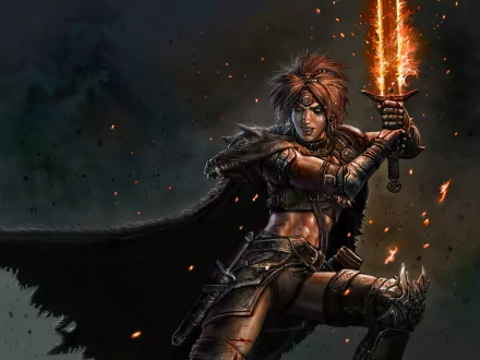 HD fantasy desktop wallpaper featuring a fierce woman warrior wielding a glowing, fiery sword against a dark, smoky background.