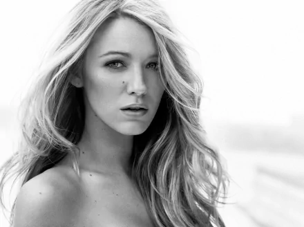 Black and white HD desktop wallpaper featuring American blonde actress and model Blake Lively in a close-up portrait.
