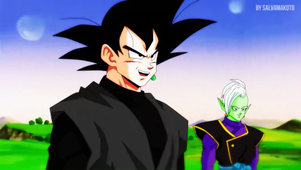 HD desktop wallpaper featuring Black Goku and Zamasu from Dragon Ball Super. The background showcases a serene landscape with blue skies and distant planets, encapsulating the anime's adventurous essence.