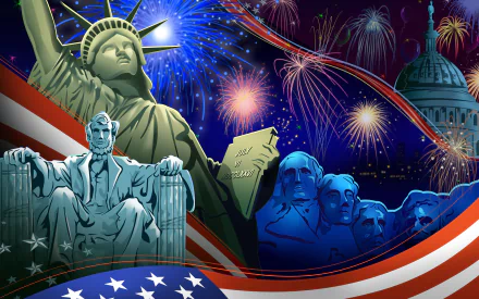 HD desktop wallpaper featuring the Statue of Liberty, Mount Rushmore, and the Capitol with vibrant fireworks celebrating the 4th of July holiday.