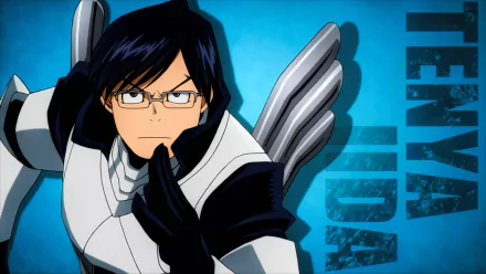 A vibrant HD desktop wallpaper features Tenya Iida, a key character from the anime My Hero Academia, striking a dynamic pose against a blue backdrop.