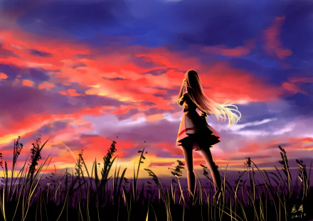 Anime-style original HD desktop wallpaper depicting a girl with long hair standing in a field against a vibrant, colorful sunset sky.
