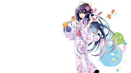 Tohka Yatogami from *Date A Live* smiles while wearing a beautiful yukata, showcasing her long purple hair and eyes, surrounded by colorful motifs in this HD anime wallpaper.