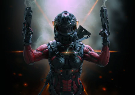 A fierce woman warrior in a sci-fi setting, wearing a helmet and wielding two guns, stands confidently against a dramatic backdrop, showcasing strength and intensity. HD desktop wallpaper.