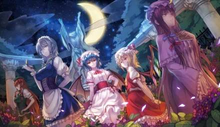 A vibrant HD wallpaper featuring characters from the Touhou series: Hong Meiling, Patchouli Knowledge, Remilia Scarlet, Flandre Scarlet, and Sakuya Izayoi, set against a moonlit backdrop.