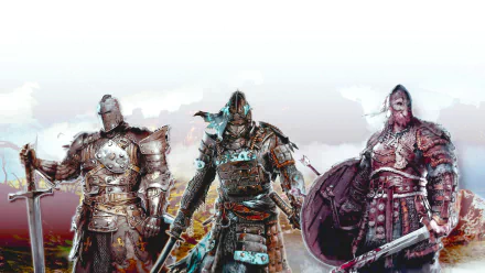 A striking HD wallpaper featuring a samurai, knight, and viking, each in detailed armor, representing iconic warriors from the video game For Honor.