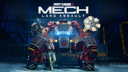 Rico Rodriguez stands confidently beside a powerful mech from Just Cause 3: Mech Land Assault, showcasing the game's intense action and immersive graphics in an HD wallpaper.