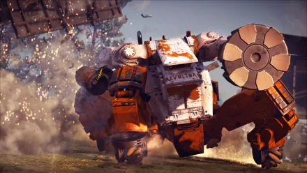 HD PC desktop wallpaper from the video game Just Cause 3: Mech Land Assault, featuring a large, weathered mech robot in an action-packed scene.