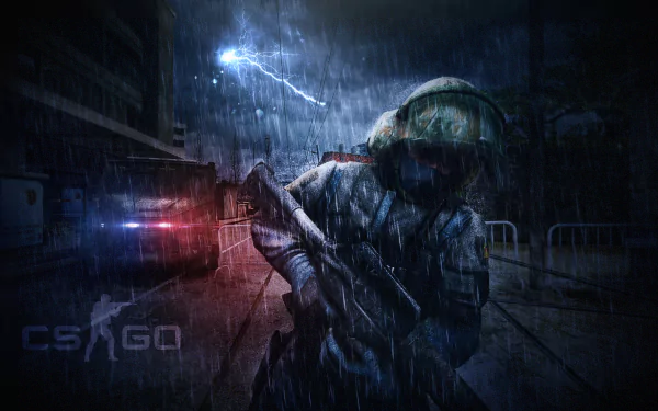 A high-definition desktop wallpaper featuring a dramatic scene from Counter-Strike: Global Offensive, depicting an armed soldier in a rain-soaked urban environment with lightning in the background.