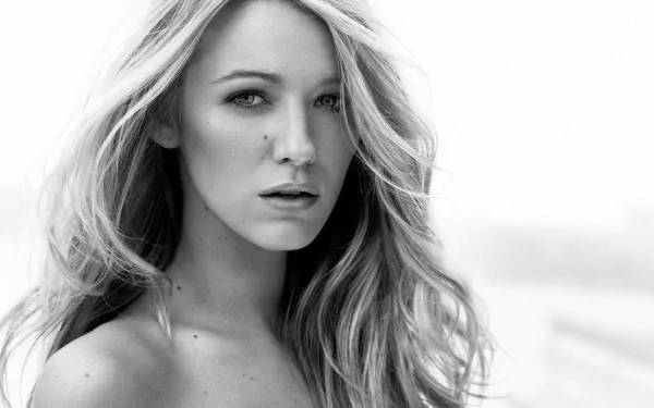 Black and white HD desktop wallpaper featuring American blonde actress and model Blake Lively in a close-up portrait.