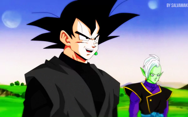 HD desktop wallpaper featuring Black Goku and Zamasu from Dragon Ball Super. The background showcases a serene landscape with blue skies and distant planets, encapsulating the anime's adventurous essence.