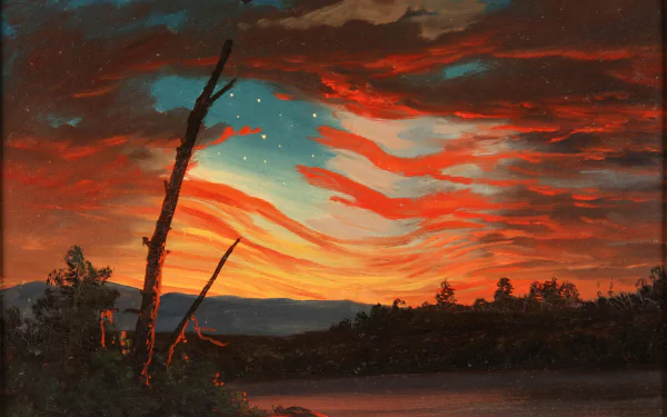 A stunning 4K Ultra HD wallpaper depicting a vibrant sunset with clouds resembling the American flag, celebrating the spirit of the 4th of July against a serene landscape.