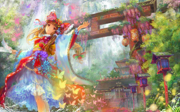 A vibrant HD desktop wallpaper featuring Reimu Hakurei from the anime Touhou, surrounded by a colorful landscape with butterflies, lanterns, and a traditional torii gate.