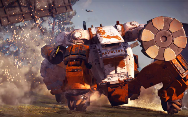HD PC desktop wallpaper from the video game Just Cause 3: Mech Land Assault, featuring a large, weathered mech robot in an action-packed scene.