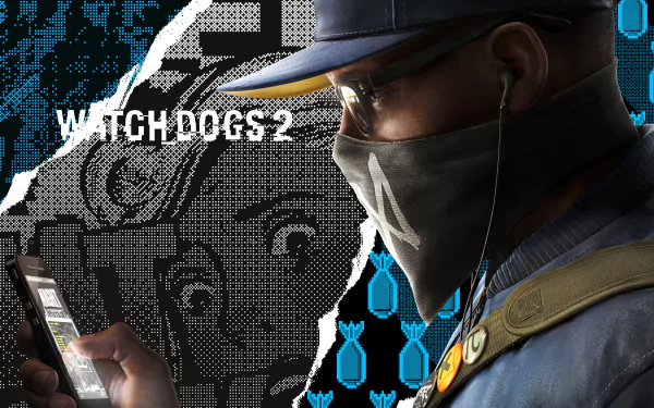 HD desktop wallpaper featuring Marcus Holloway from the video game Watch Dogs 2, with a tech-themed background and detailed character design.