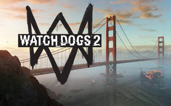 HD desktop wallpaper featuring the video game Watch Dogs 2 with the Golden Gate Bridge in the background under a colorful sky.