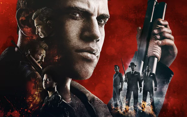 HD PC desktop wallpaper featuring intense characters and dramatic scenes from the video game Mafia III, set against a bold red background.