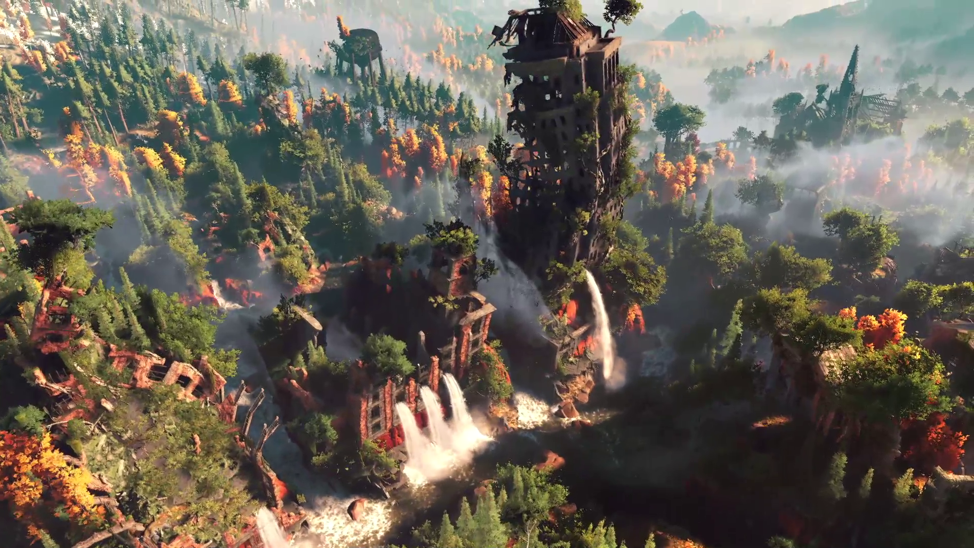 HD PC desktop wallpaper showcasing a lush, vibrant landscape from the video game Horizon Zero Dawn, featuring towering ruins and robotic creatures amidst dense forests.