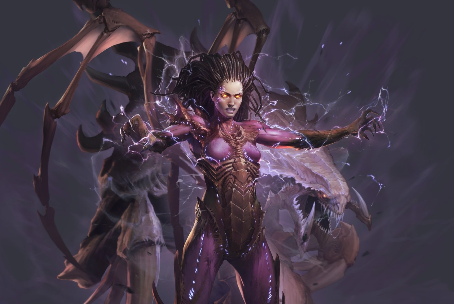 HD PC desktop wallpaper featuring Sarah Kerrigan from StarCraft II: Legacy of the Void, showcasing her powerful, electrified form in the video game’s dark sci-fi universe.