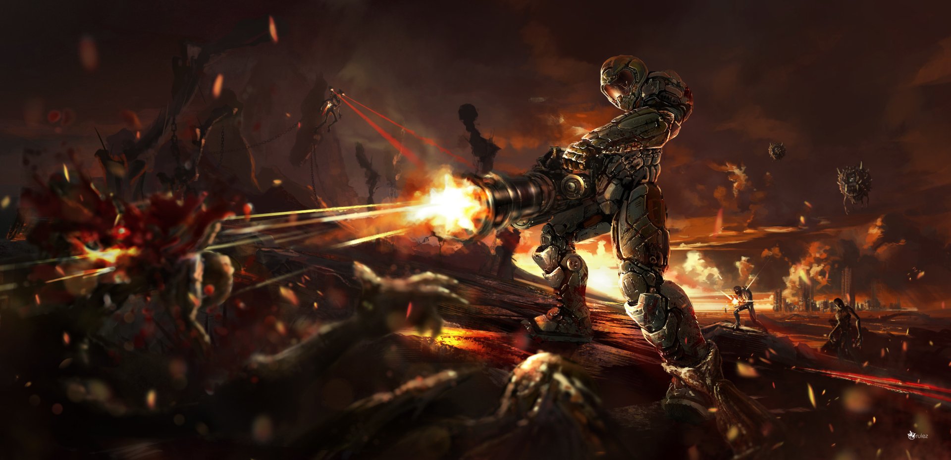 Doomguy battles demonic forces in a fiery landscape, showcasing intense action from the video game Doom (2016). This vivid HD wallpaper captures the game's dramatic atmosphere.